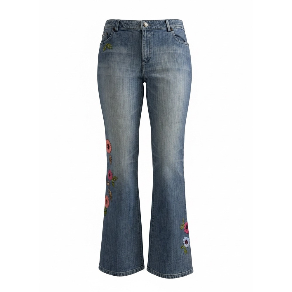 Dana Buchman Denim Embroidered Floral Beaded Jeans Light Wash Blue 14/32 Bootcut